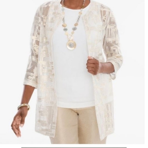 NWT Chico's Traveler's Collection Jacquard Gold Shimmer Jacket Sz 2=12, Ret $149 - Picture 2 of 14